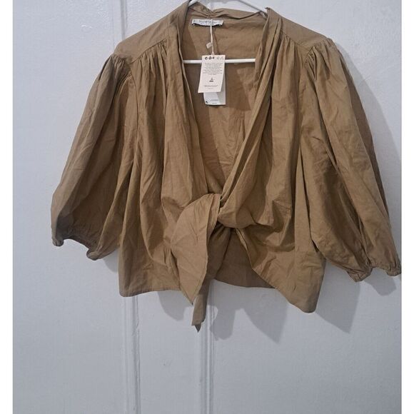 Mng Tops - Violeta Mng Womens 1xl Baloon Sleeve Tie Front Duster Top Tan